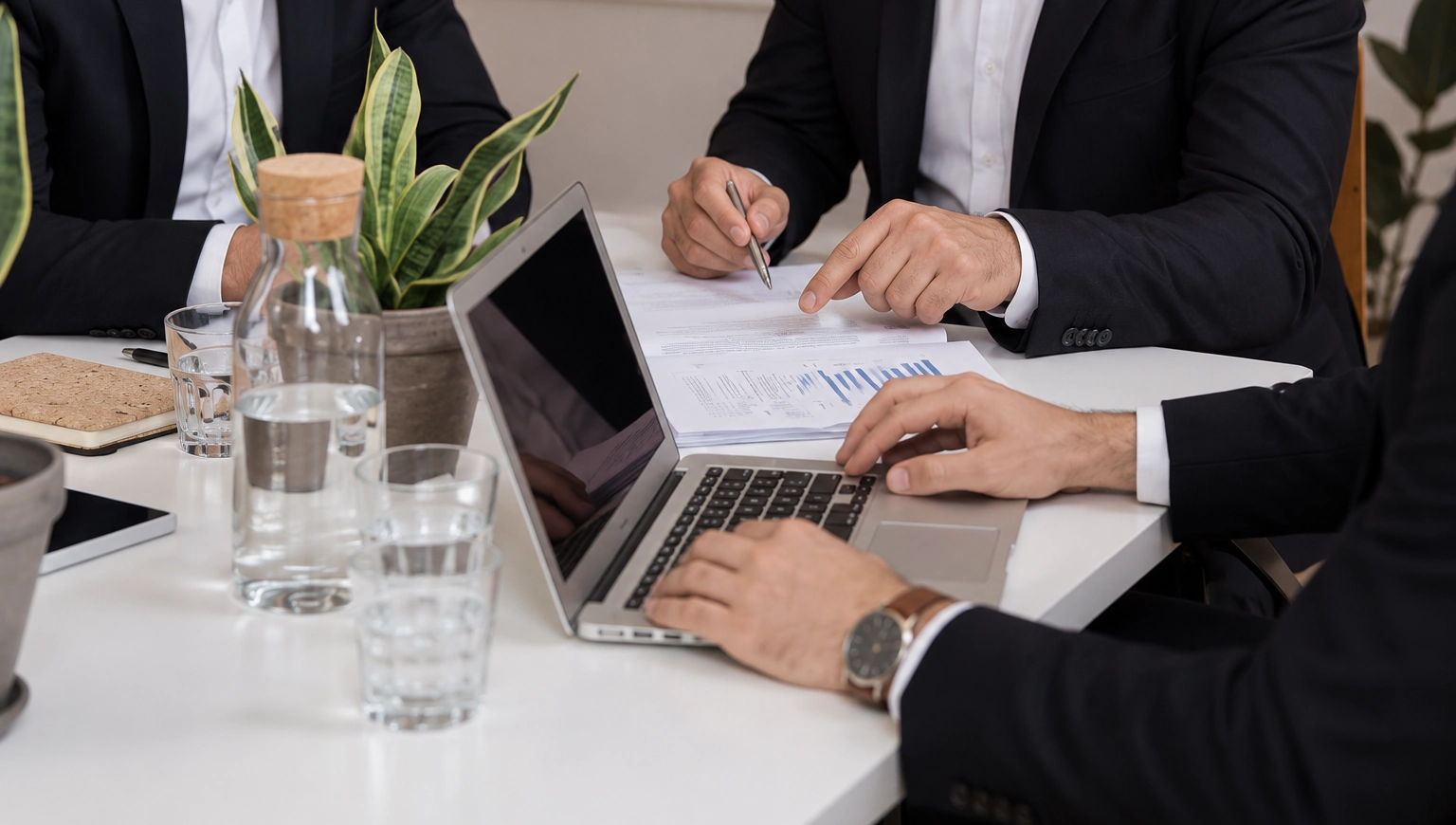 Mesa de trabajo con documentos, sin rostros