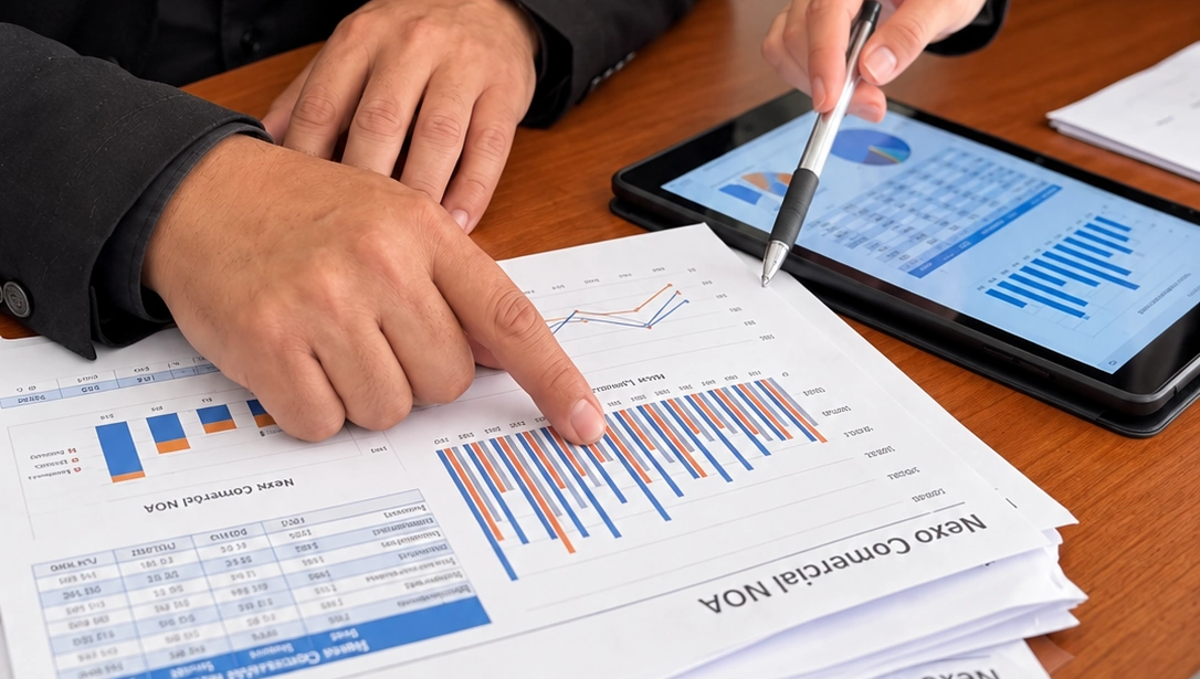 Manos trabajando con documentos y gráficos, sin rostros