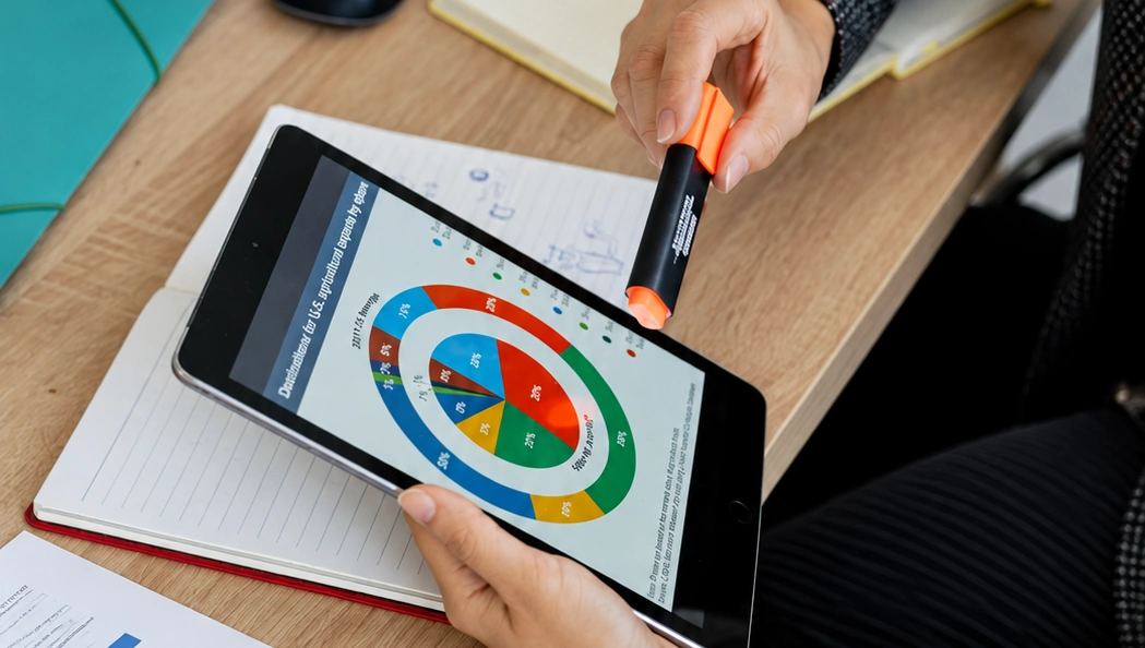 Tablet con visualizaciones y elementos de trabajo sobre escritorio